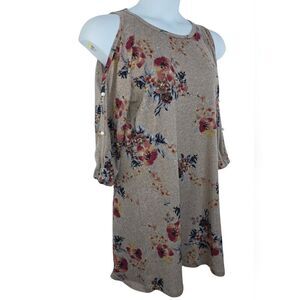 Alya by Francesca's L Tan Floral Open-Shoulder Dress Pearl Accents 3793-CX